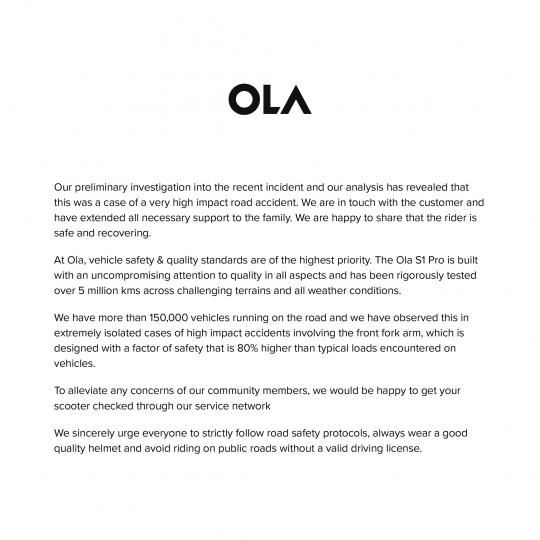 Ola Electric issues statement on S1 Pro front fork failure 