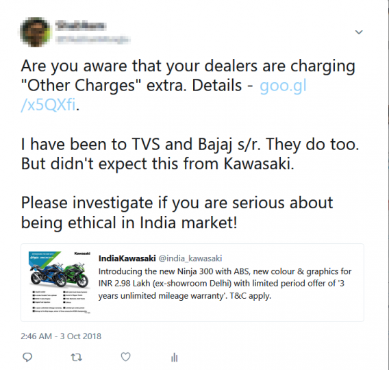 Kawasaki dealer cancels booking over handling charge dispute 