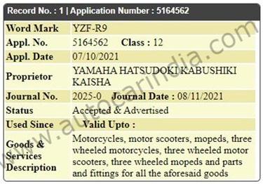 Yamaha trademarks YZF-R9 moniker in India 