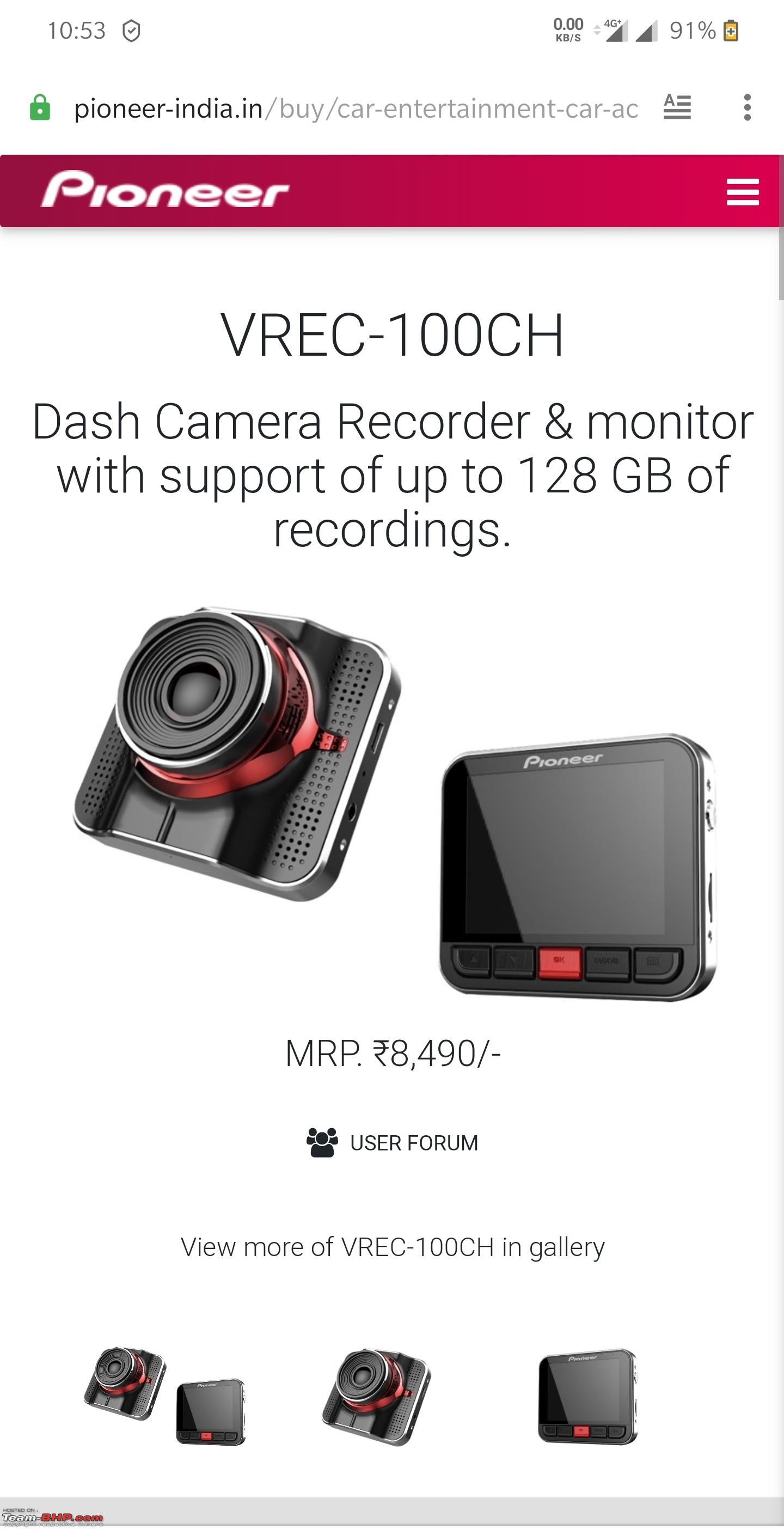 Pioneer India - VREC-100CH  Dash Camera Recorder & monitor with support of  up to 128 GB of recordings.