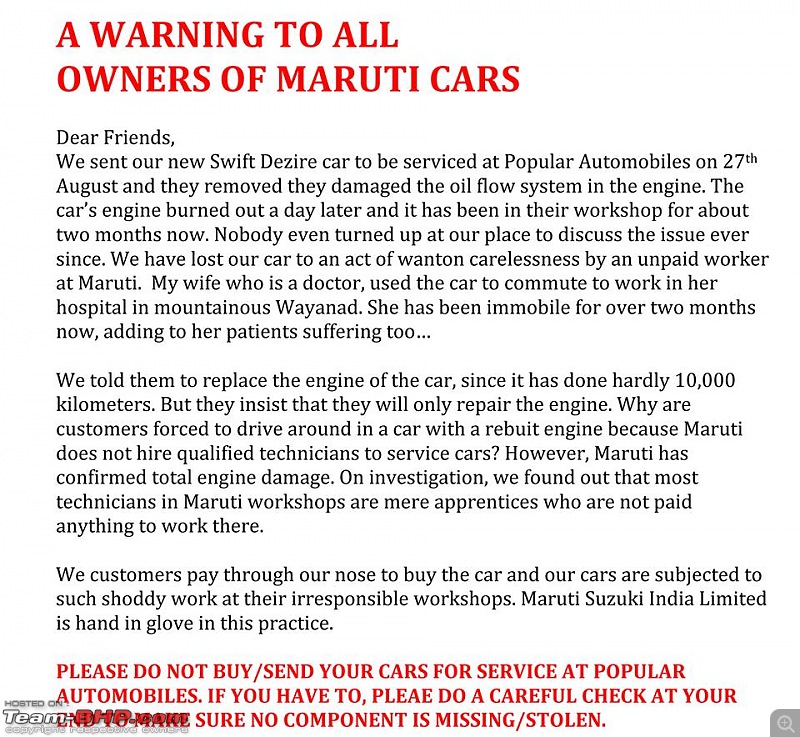 Popular Automobiles damages Dzire engine. Repair, but no replacement!-1395404_10151960932037220_1596807444_n.jpg