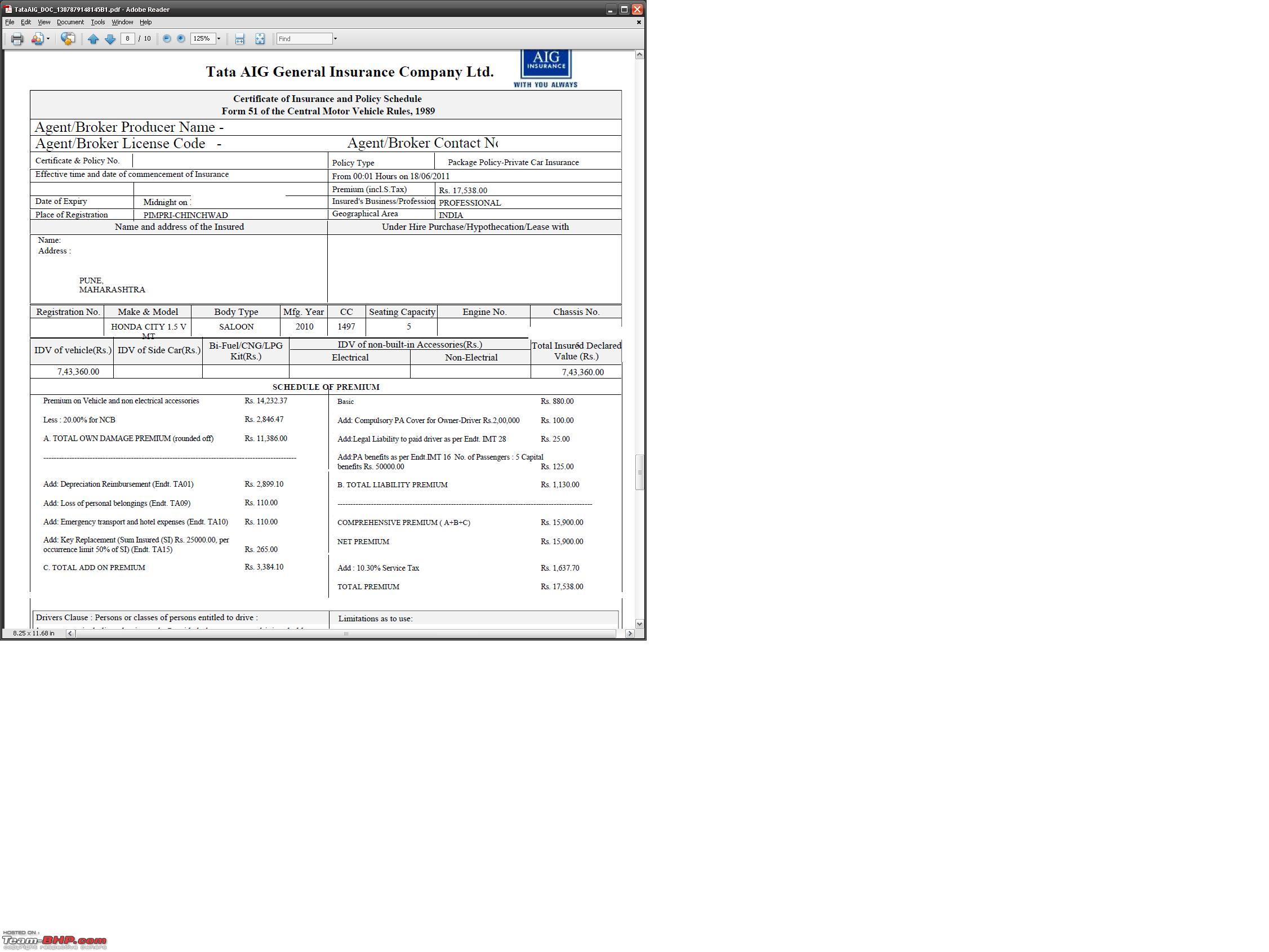 Tata AIG's 0% Depreciation Car Insurance - Page 4 - Team-BHP
