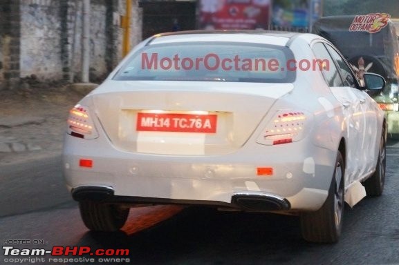 2017 Mercedes E-Class caught testing in India. EDIT: Launched at Rs. 56.15 lakh!-2016mercedeseclassw213rearspiedinindia.jpg