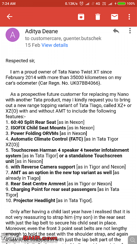 Tata Tiago XZ+ features leaked ahead of launch. EDIT : Now launched at Rs. 5.57 lakh-screenshot_20181130072436645_com.google.android.gm.png