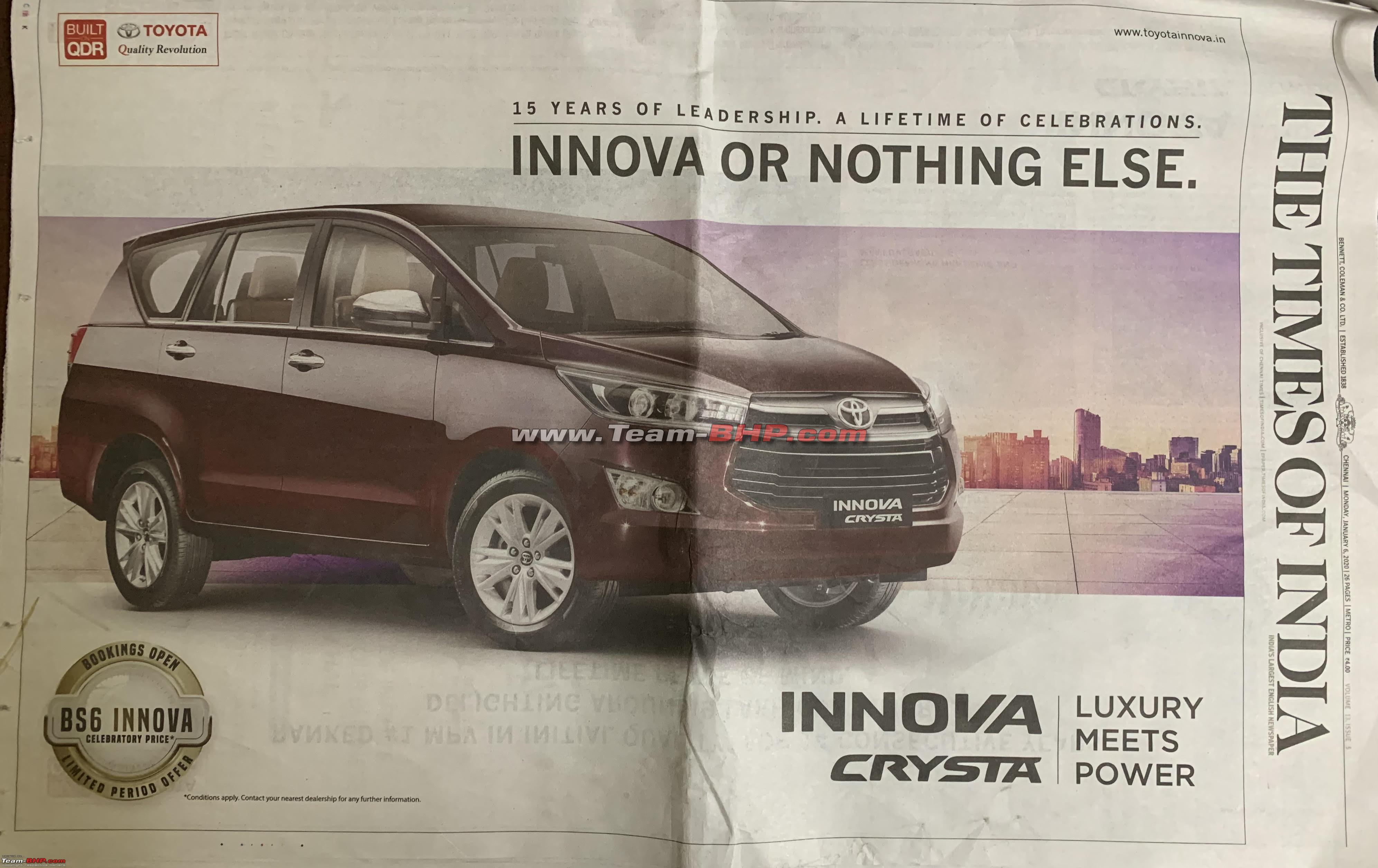 Innova Crysta Bs6 Diesel To Come Only With 2 4l Engine Team Bhp