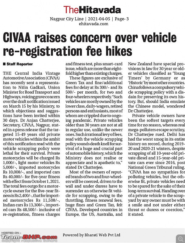 Representing against the new Re-registration & Fitness Tax hike proposals for older cars-hitavada-civaa-news-nagpur-city-line_20210405.jpg