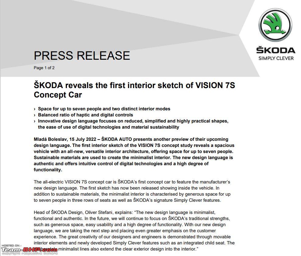 Skoda reveals first interior sketch of the Vision 7S Concept Car - Team-BHP