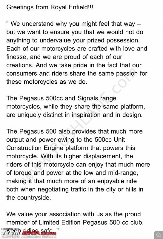 Royal Enfield Pegasus 500 owners feel cheated, express disappointment over cheaper Signals 350-royalenfieldreplypegasus.jpg