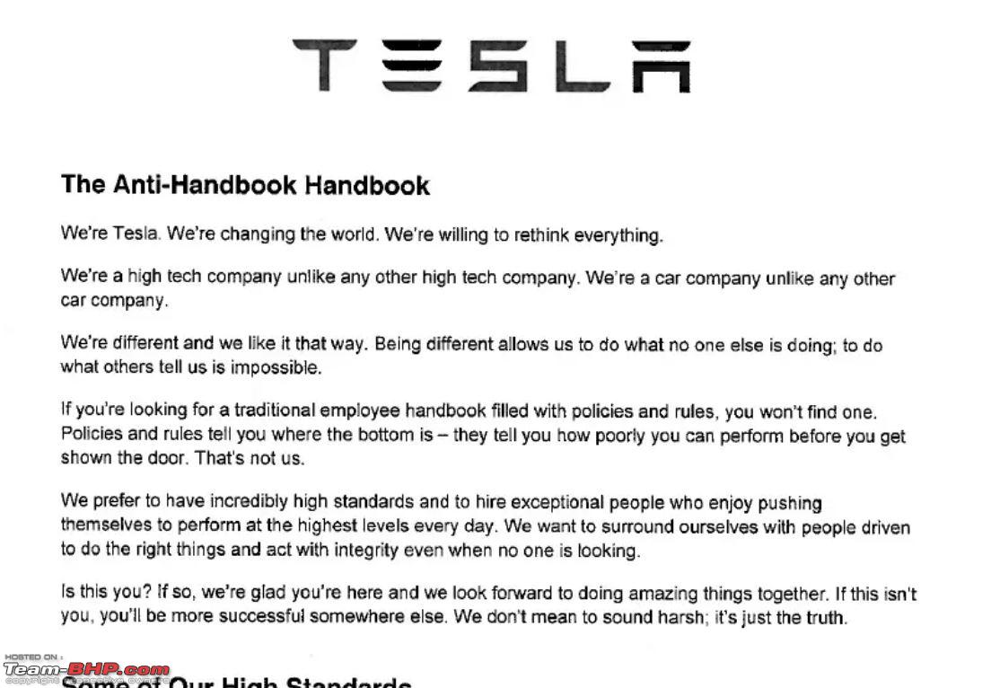 Tesla's Employee Handbook - "The Anti-Handbook Handbook" - Team-BHP