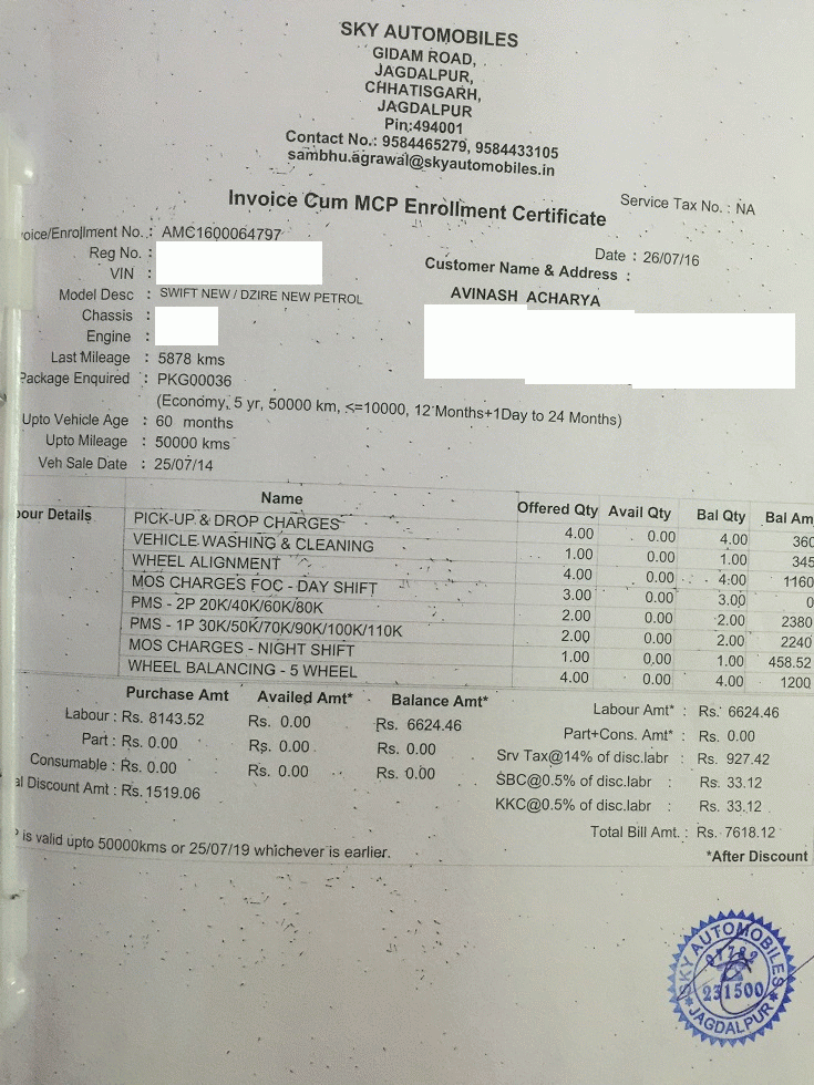 Maruti 800 Maintenance Chart