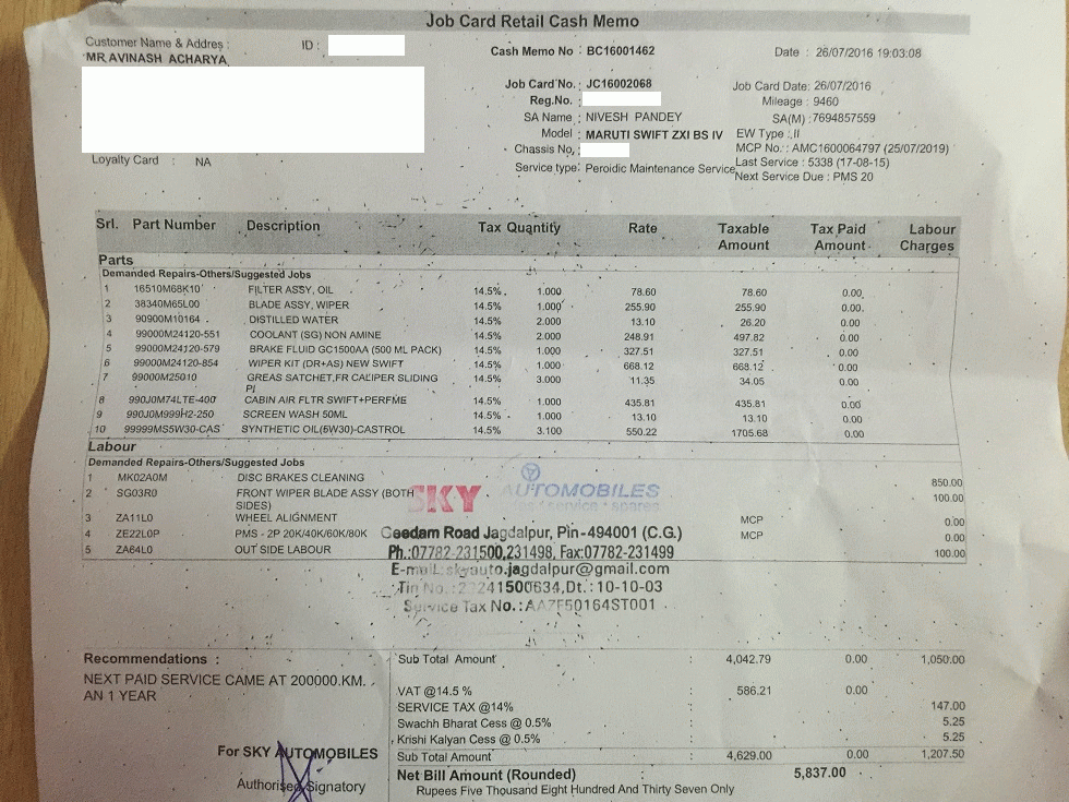 Maruti 800 Maintenance Chart