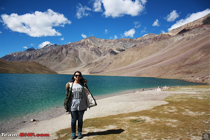 The Elantra does it again: 6233 km, 9 States, 18380 feet above sea level. Spiti, Ladakh & more-day_06_chandertaal_wife_poses_02_1080.jpg