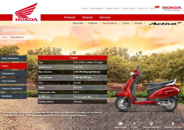 Honda Activa 5G listed on website. Priced at Rs. 52,460 