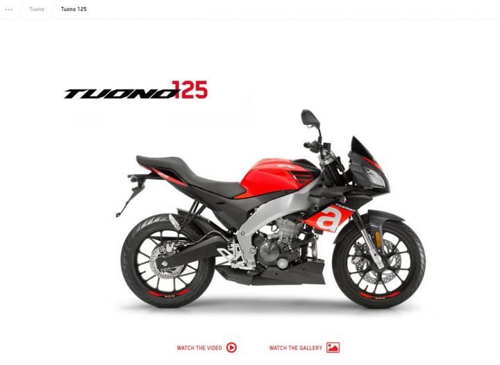 Aprilia Tuono 125 listed on India website 