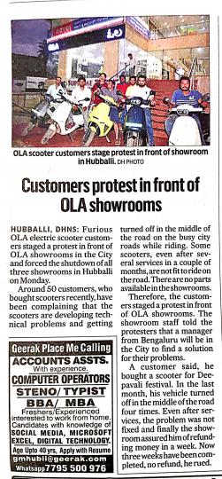 50 Ola customers protest in front of Ola showrooms in Hubbali 