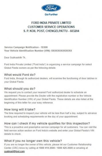 Ford Fiesta service campaign for door latch issue 