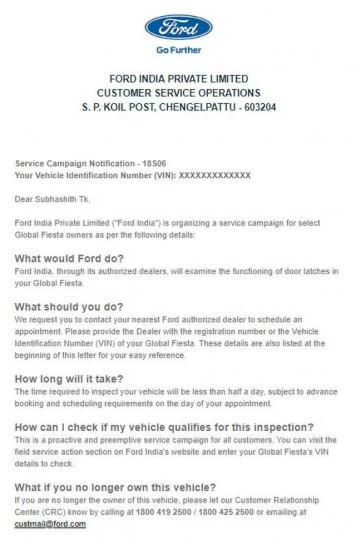 Ford Fiesta service campaign for door latch issue 