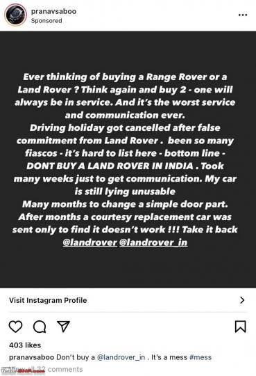 Land Rover customer takes to Instagram over poor service 