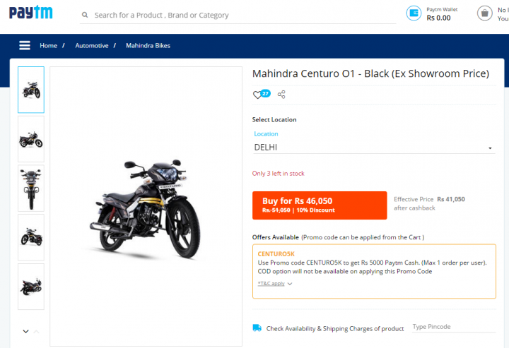 Mahindra offers Rs.5K off on Centuro; Paytm gives Rs.5K more 