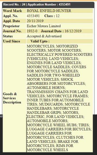 Royal Enfield Hunter trademark application filed 