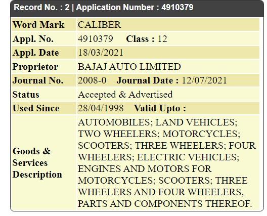 Bajaj files trademark application for 'Caliber' name 