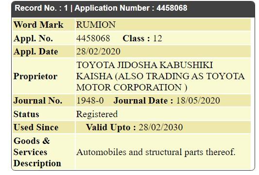 Ertiga-based Toyota Rumion trademarked in India 