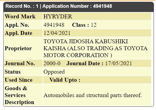 Toyota trademarks 'Urban Cruiser Hyryder' name 