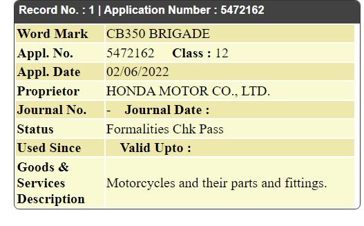 Honda files trademark for CB350 Brigade name in India 