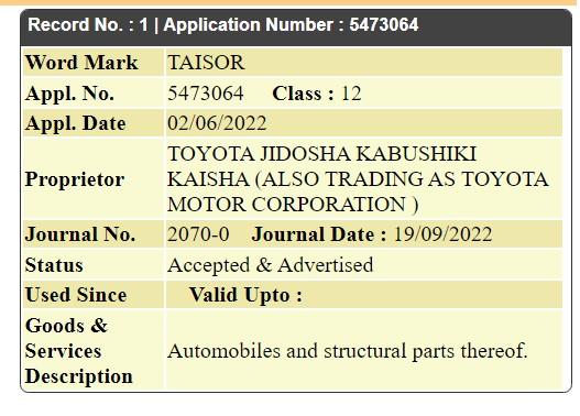 Toyota Taisor name trademarked in India 