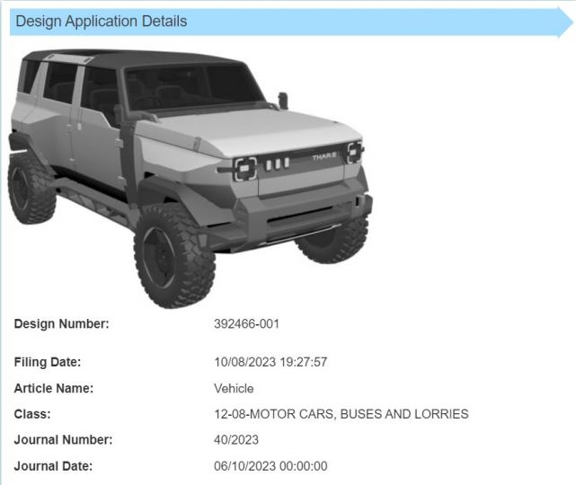 Mahindra Thar.e electric SUV design patent filed 