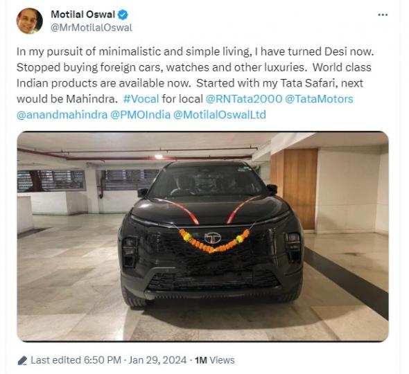 Billionaire Motilal Oswal goes 'vocal for local'; buys Tata Safari 