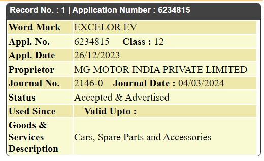 MG Excelor EV name trademarked in India 